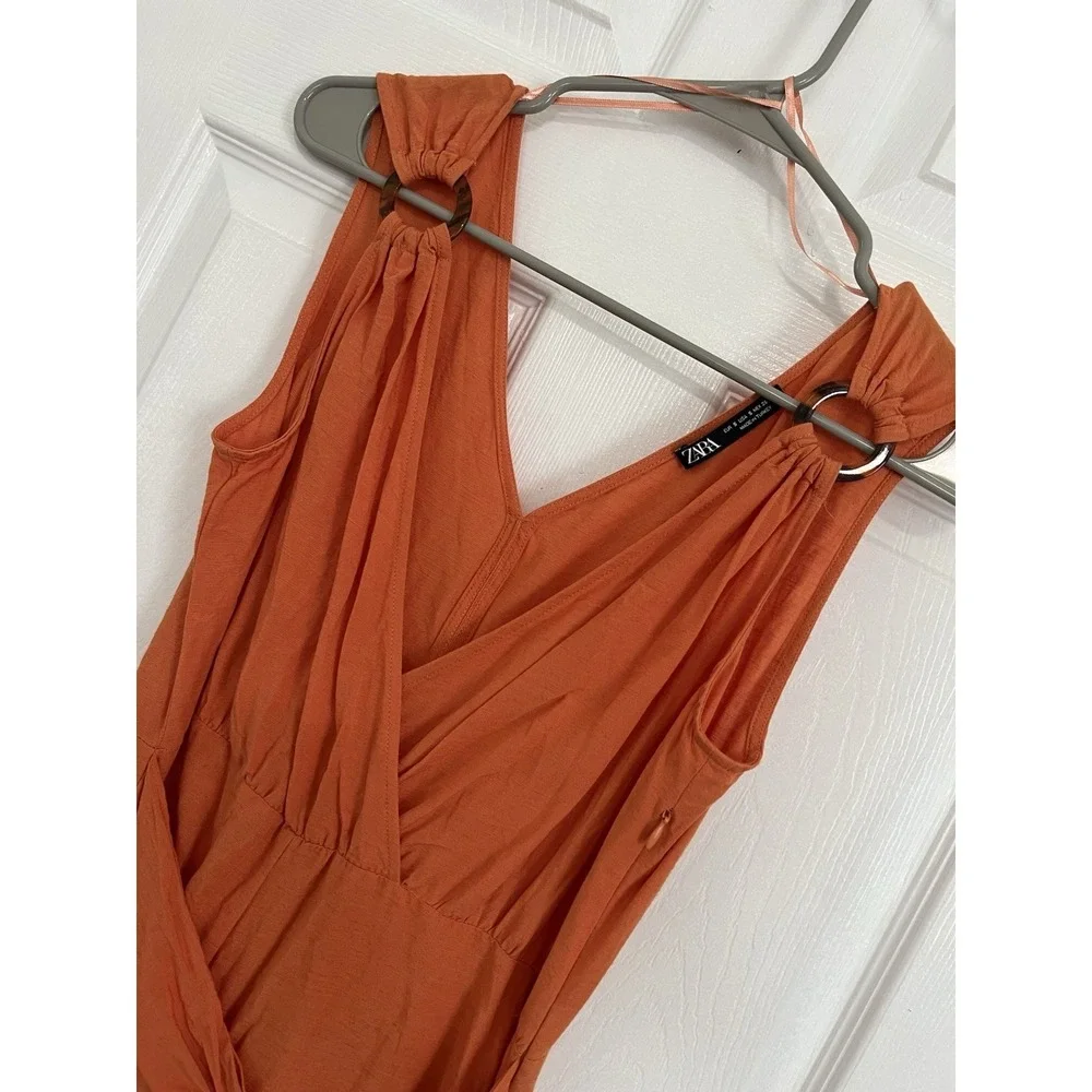 ZARA Orange Wrap Romper Ring Strap V Neck Tie Side Summer Vacation Resort Size S